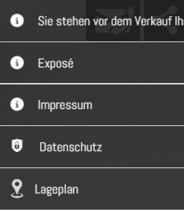 menu | 360° Videos von Pfeiffer-IT.com German site navigation panel with links: Exposé, Impressum, Datenschutz, and Lageplan (info icons beside each item).