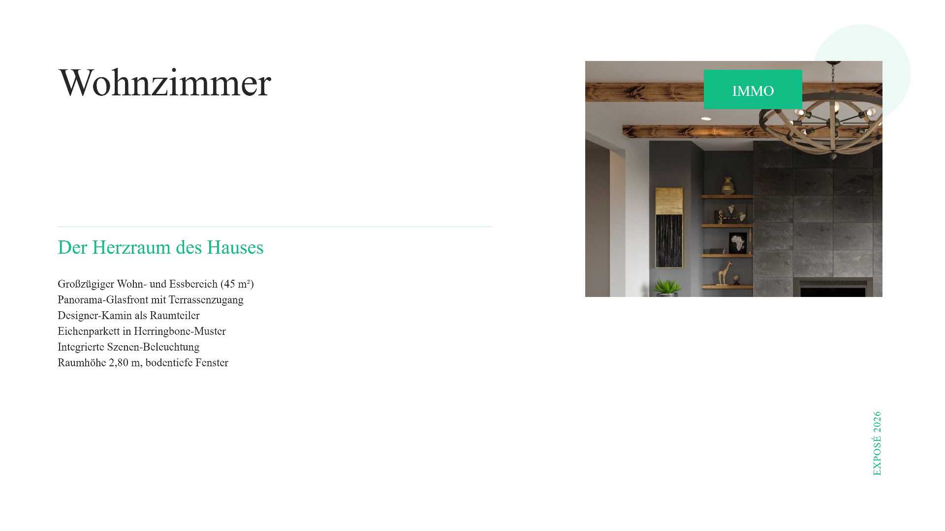 Magazine spread: German 'Wohnzimmer' heading on left with a modern living room photo on the right.